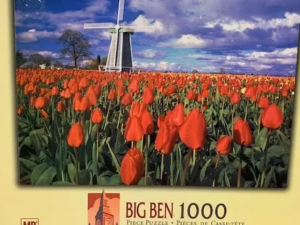 Puzzle box showing red tulips and windmill