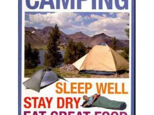 Camping poster with tents by mountain lake