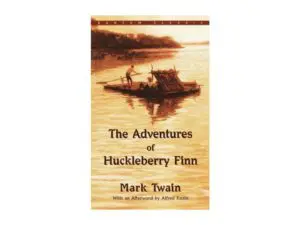 Huckleberry Finn book cover with river raft