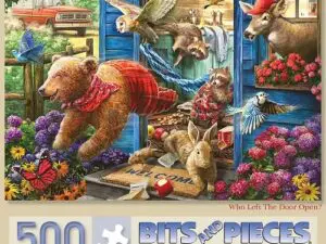 Bear and woodland animals entering open door