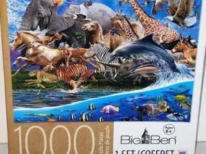 1000-piece wildlife collage puzzle box