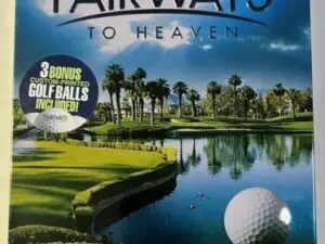 Golf ball on tee at scenic palm-lined course