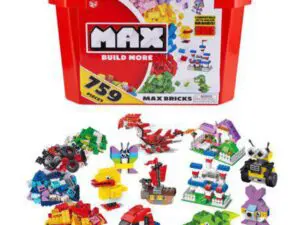Red tub of colorful building bricks and models