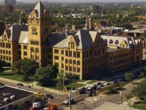 Aerial view of Wayne State University building