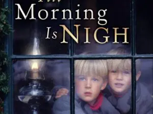 Two boys peering through window with oil lamp