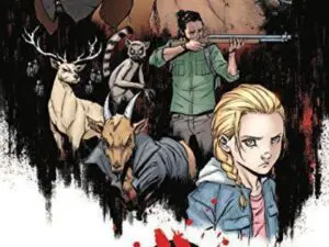 Blonde girl with animals and armed hunter