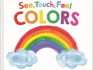 Colorful children's board book cover with rainbow