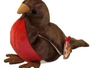 Brown plush robin toy with red chest
