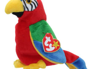 Red plush parrot toy with Ty tag