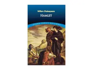 Hamlet book cover with figures and skull