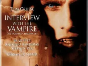 Close-up vampire face with fangs, foggy street