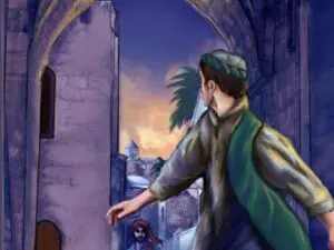 Man in archway at dusk looking toward street