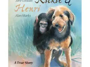 Chimpanzee and dog standing together book cover