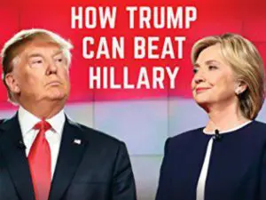 Two people facing each other on debate stage