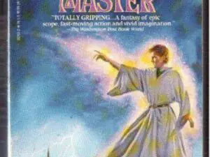 Robed wizard casting lightning over stormy city