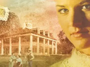 Close-up woman with plantation mansion backdrop