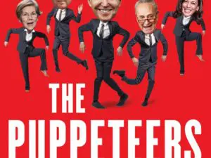 Caricatured oversized heads on puppet bodies, red background