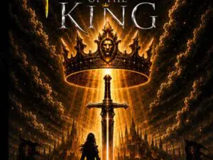 Golden crown and sword above silhouetted king