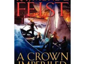 Fantasy book cover: sailors rowing toward burning city