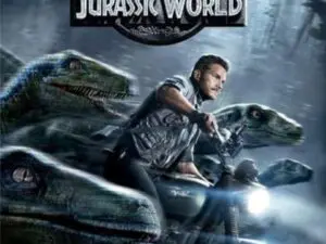 Motorcyclist and raptors under Jurassic World logo