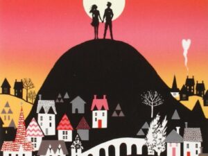 A poster of two people standing on top of a hill.