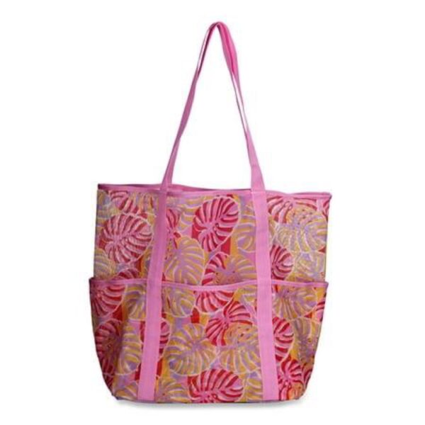 Time and Tru Mesh Beach Tote - Monstera Leaf (Pink)