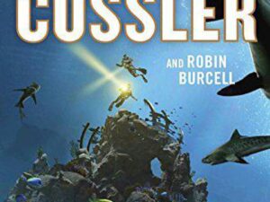 Underwater book cover: diver and sharks near reef