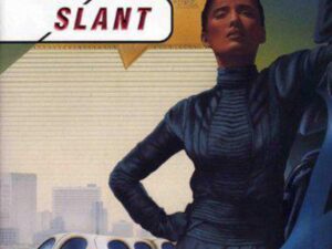 Stylized woman in dark suit with cityscape