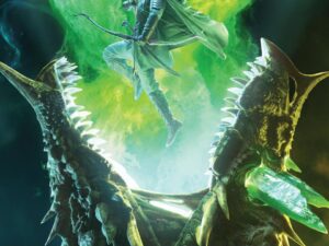 Cloaked archer hovering above dragon head