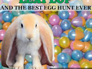 Lop-eared rabbit among colorful Easter eggs