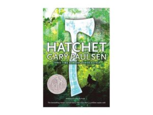 Book cover with hatchet over green forest