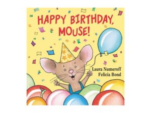 Cartoon mouse wearing party hat with balloons