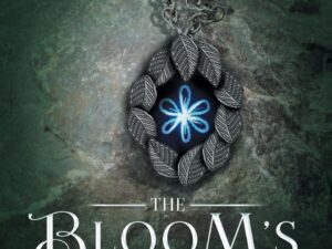 Leaf-framed pendant necklace with glowing blue flower