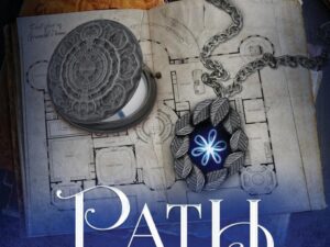 Glowing pendant and compass on blueprint book cover