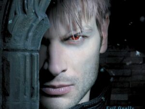 Close-up pale man with glowing red eye