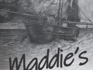 Grayscale sketch of sailing ship with "Maddie's" text