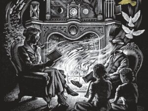 Family gathered around fireplace, listening to tales