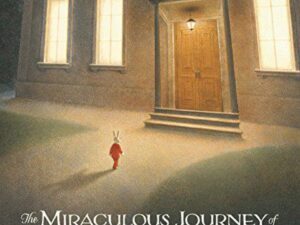 Small rabbit in red coat approaches lit doorway