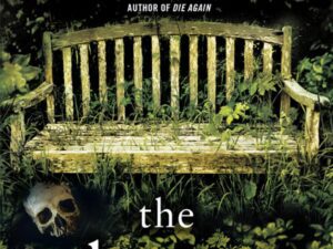 Overgrown wooden bench with skull, eerie book cover