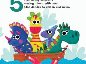 Five colorful dinosaurs rowing a boat