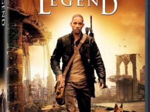 Man and dog walking through post-apocalyptic city