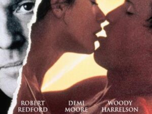 Movie poster of couple kissing beside torn portrait