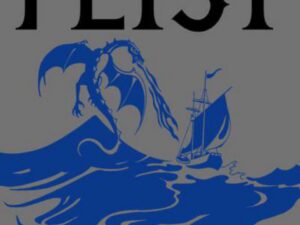 Blue dragon looming over sailing ship on waves