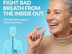 Smiling woman holding breath-freshening pill