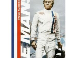 Man in vintage racing suit holding helmet