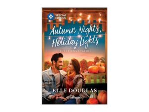 Book cover: couple with pumpkins and string lights