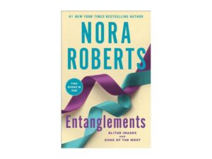 Book cover "Entanglements" with teal and purple ribbons