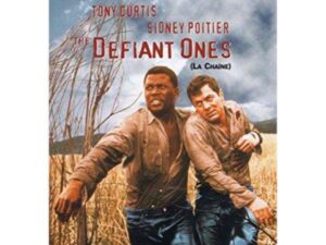 Poster showing two chained men in field