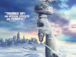Frozen Statue of Liberty amidst icy city skyline