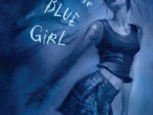 Blue-toned girl illustration with plaid skirt